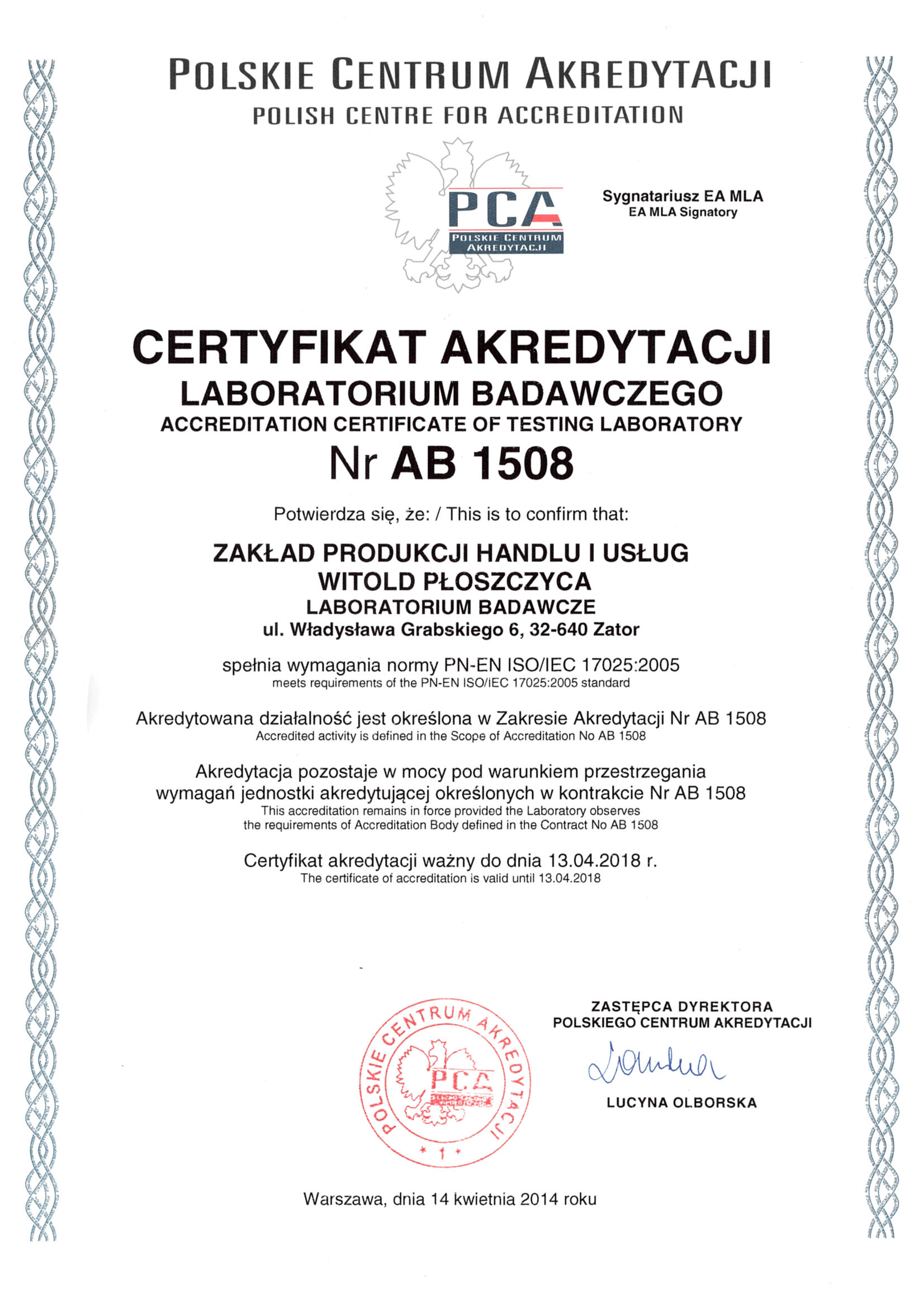 Labolatorium certyfikat
