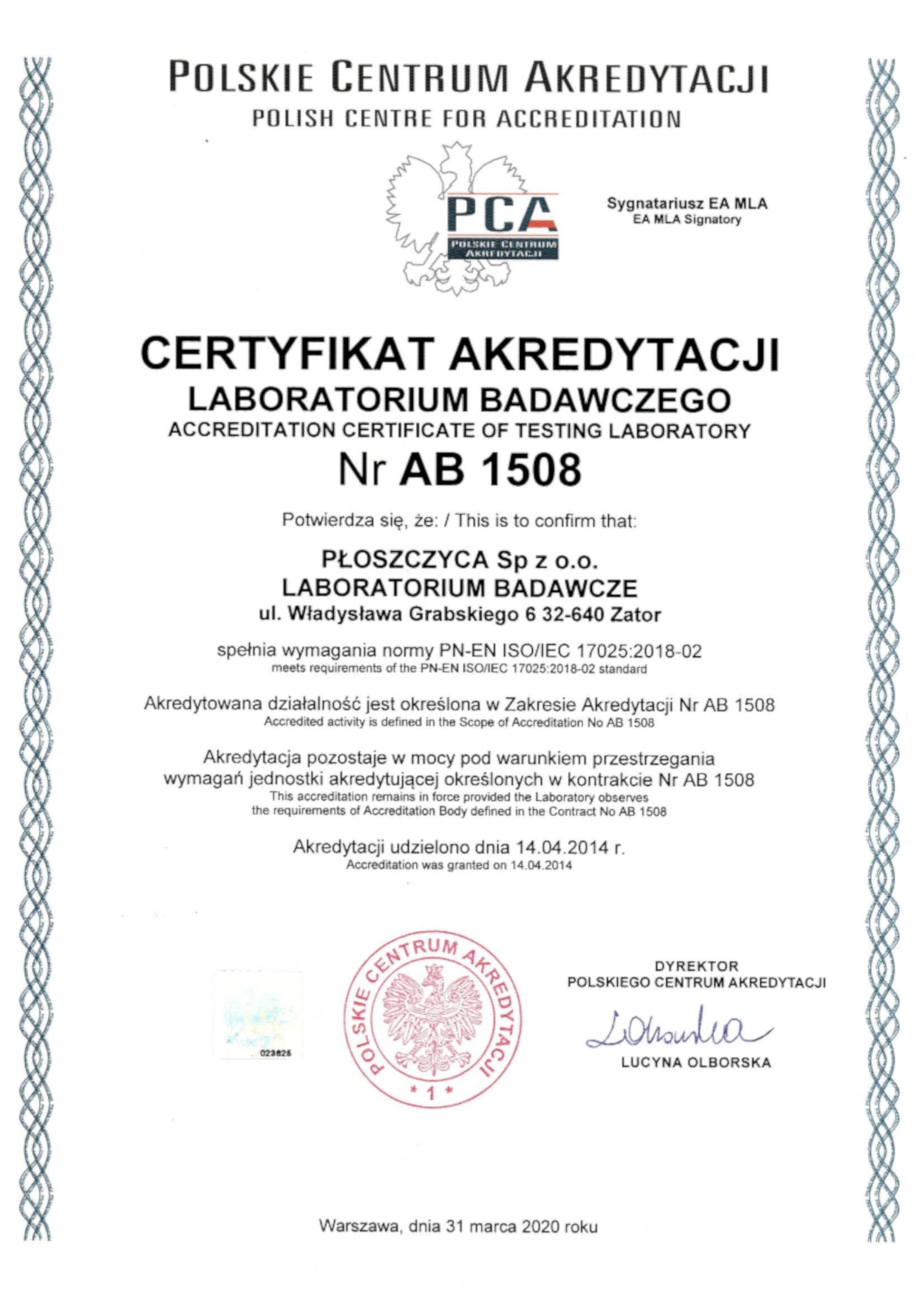Certyfikat Laboratorium