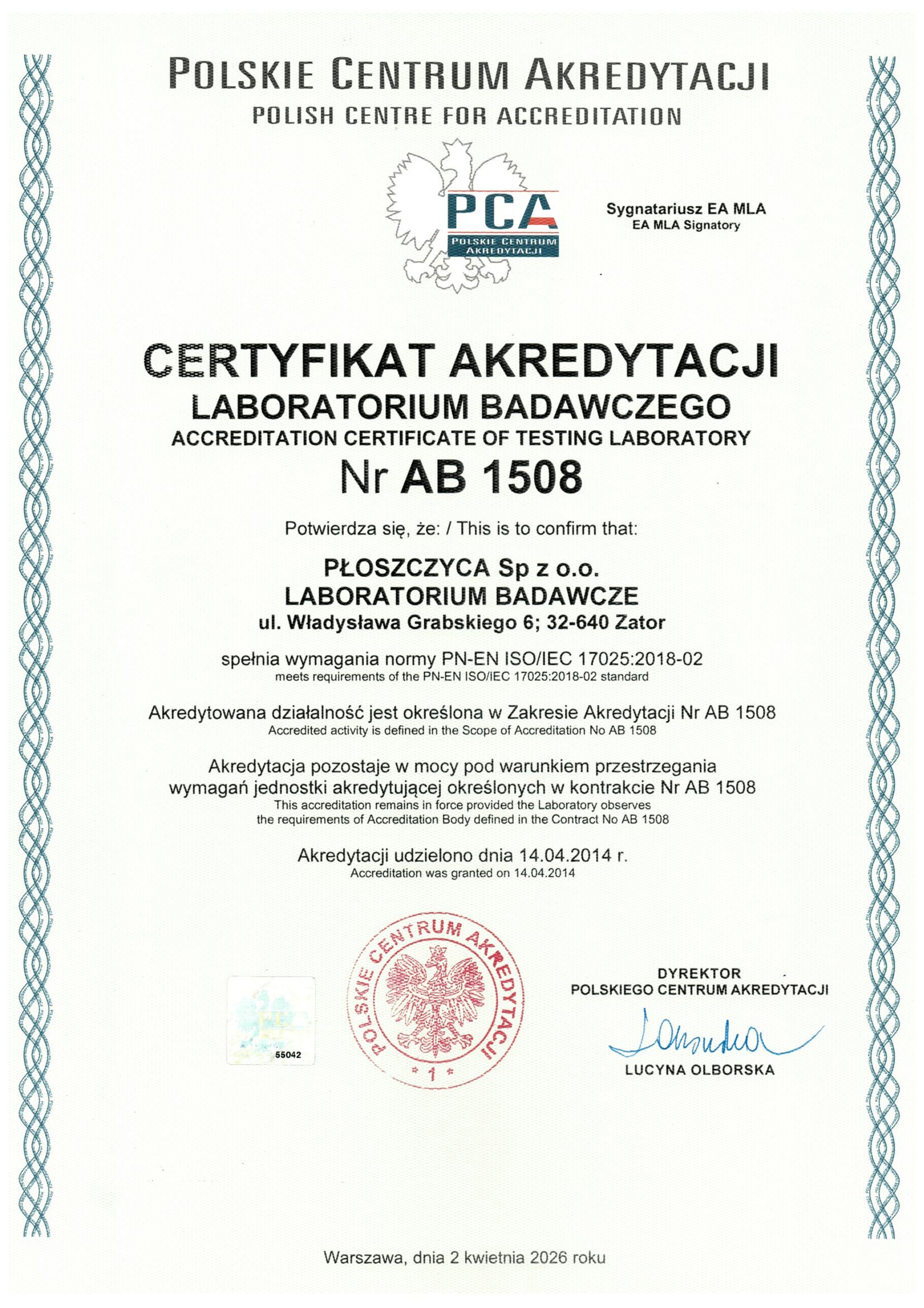 Certyfikat Labolatorium